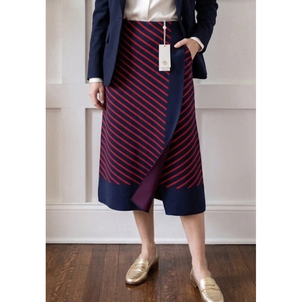 Nwt Tory Burch Anya Skirt Navy Blue Nantucket Red Striped Midi Wrap Size M $350